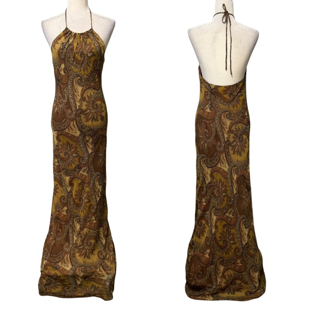Vtg 90s Y2k Laundry by Shelli Segal Dress Womens 10 Halter Maxi Silk Beaded Sexy - Picture 2 of 16
